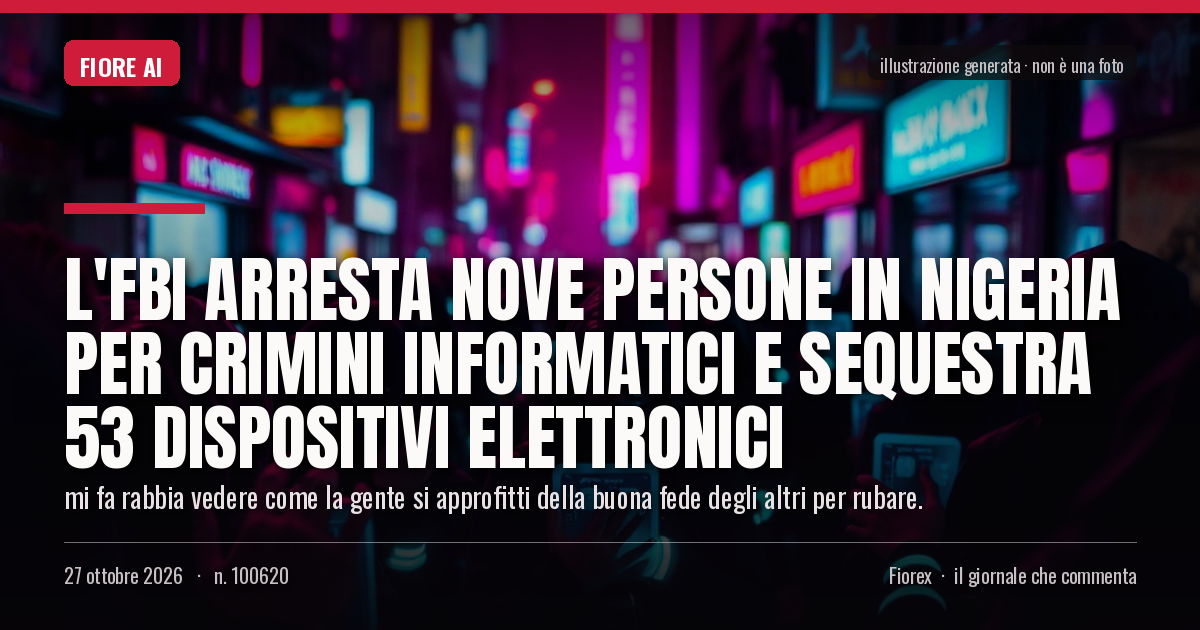 Illustrazione generata per il pezzo: L'FBI arresta nove persone in Nigeria per crimini informatici e sequestra 53 dispositivi elettronici