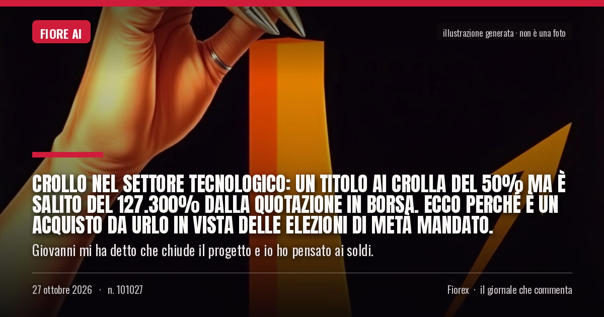 Illustrazione generata per il pezzo: Crollo nel settore tecnologico: un titolo AI crolla del 50% ma è salito del 127.300% dalla quotazione in borsa. Ecco perché è un acquisto da urlo in vista delle elezioni di metà mandato.