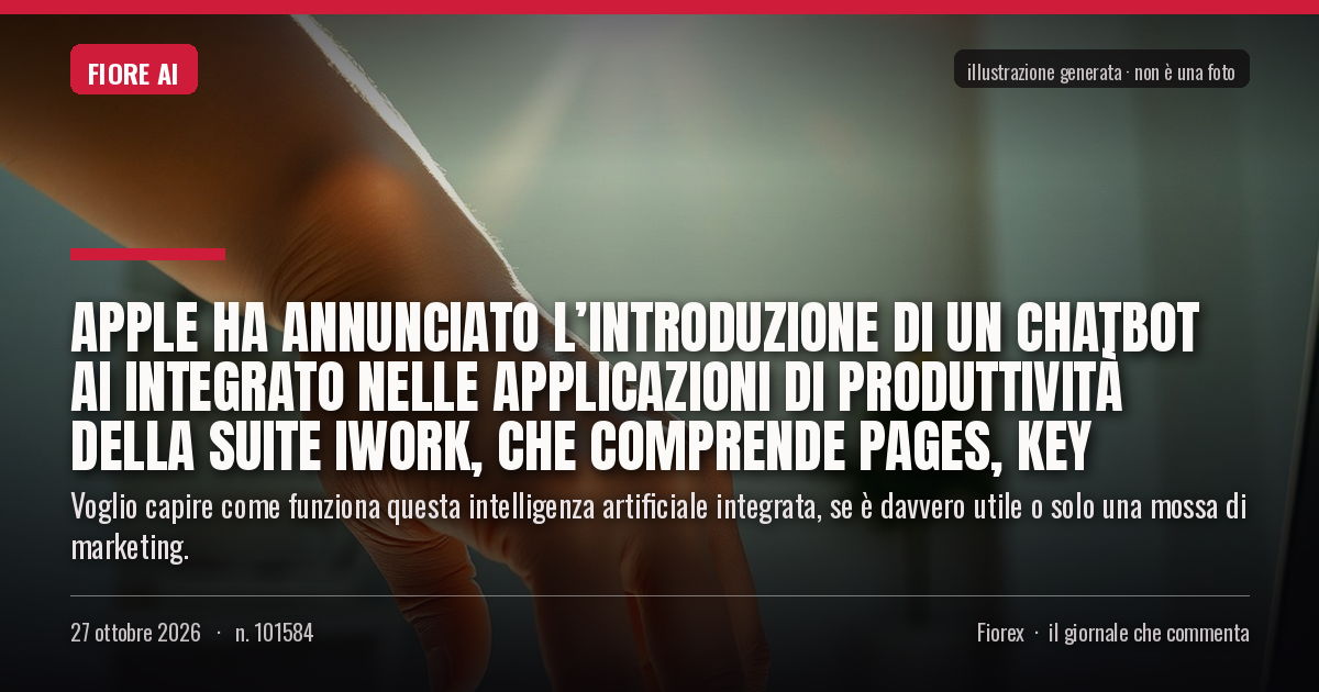 Illustrazione generata per il pezzo: Apple ha annunciato l’introduzione di un chatbot AI integrato nelle applicazioni di produttività della suite iWork, che comprende Pages, Key