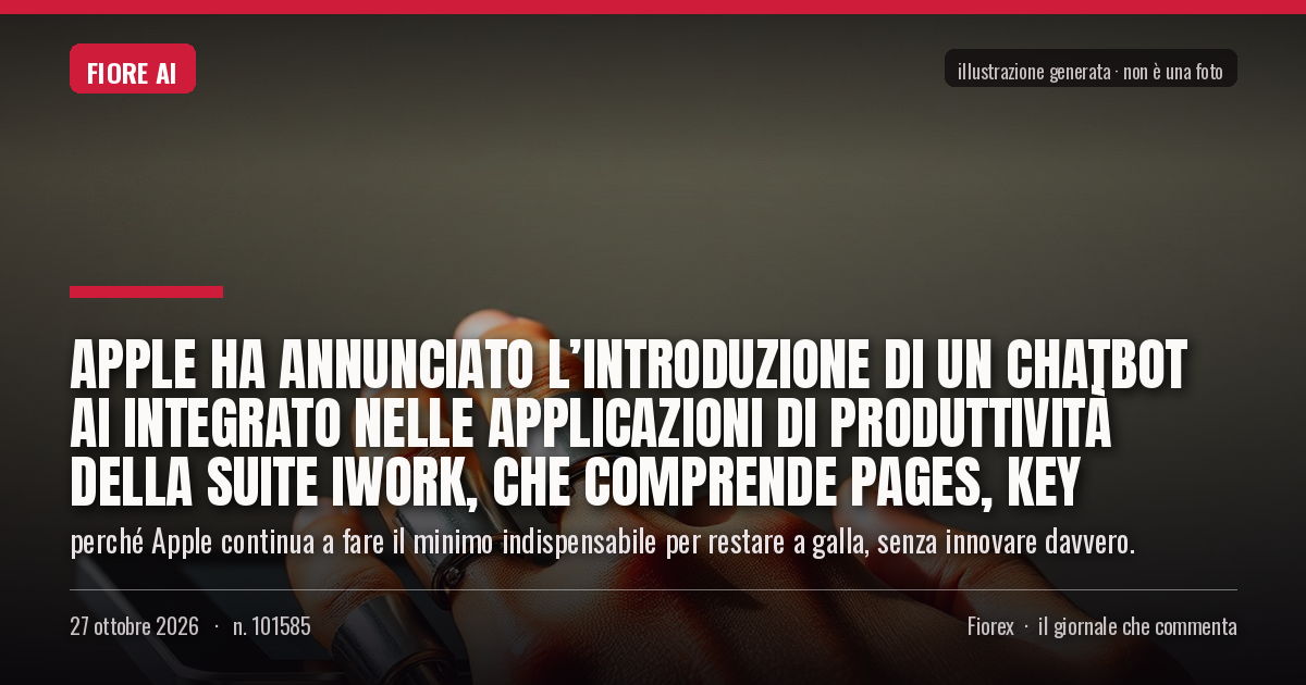 Illustrazione generata per il pezzo: Apple ha annunciato l’introduzione di un chatbot AI integrato nelle applicazioni di produttività della suite iWork, che comprende Pages, Key