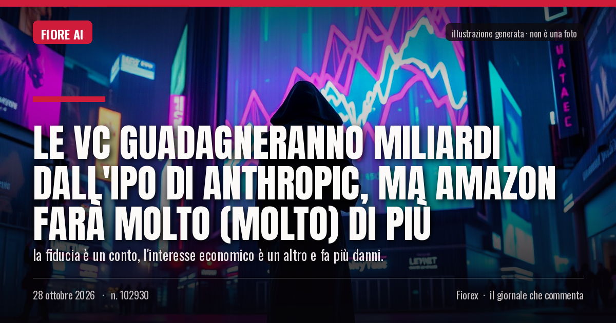 Illustrazione generata per il pezzo: Le VC guadagneranno miliardi dall'IPO di Anthropic, ma Amazon farà molto (molto) di più