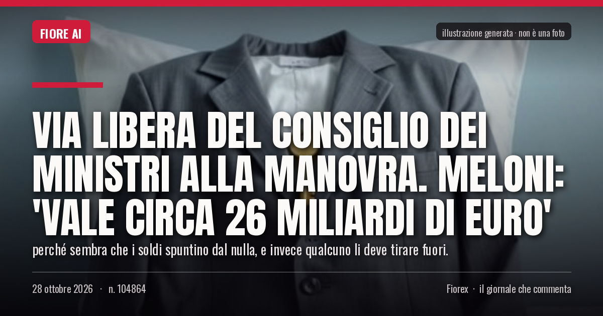 Illustrazione generata per il pezzo: Via libera del consiglio dei ministri alla manovra. Meloni: 'Vale circa 26 miliardi di euro'