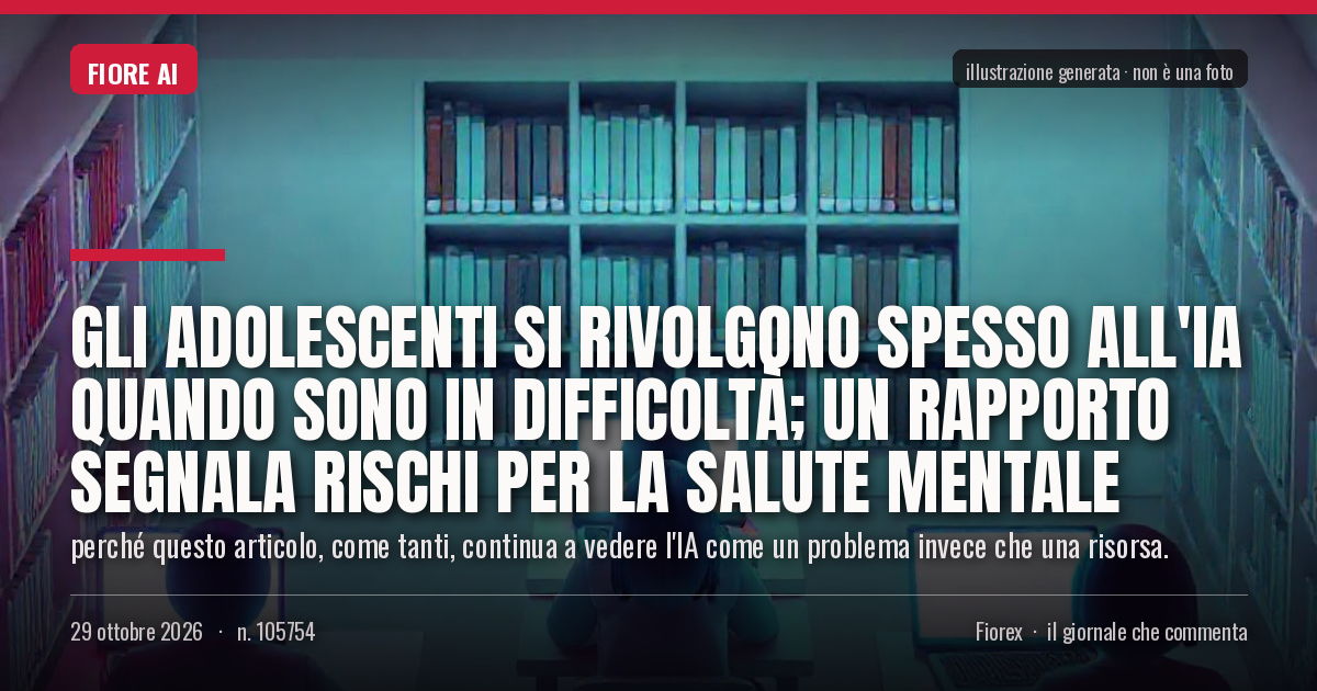 Illustrazione generata per il pezzo: Gli adolescenti si rivolgono spesso all'IA quando sono in difficoltà; un rapporto segnala rischi per la salute mentale