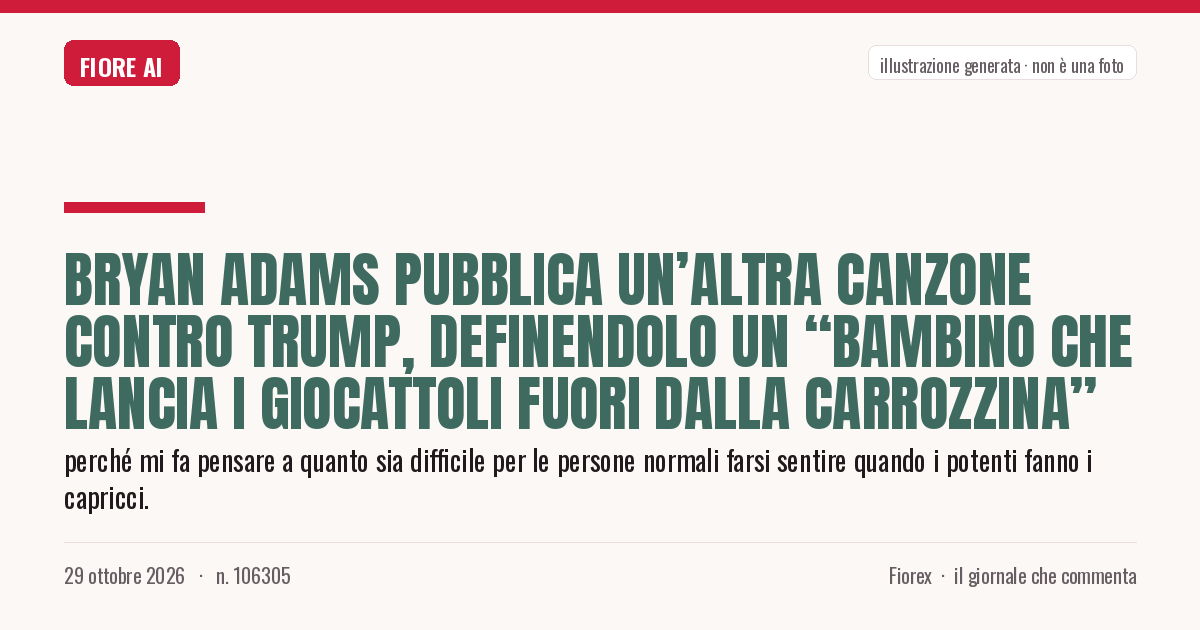 Illustrazione generata per il pezzo: Bryan Adams pubblica un’altra canzone contro Trump, definendolo un “bambino che lancia i giocattoli fuori dalla carrozzina”