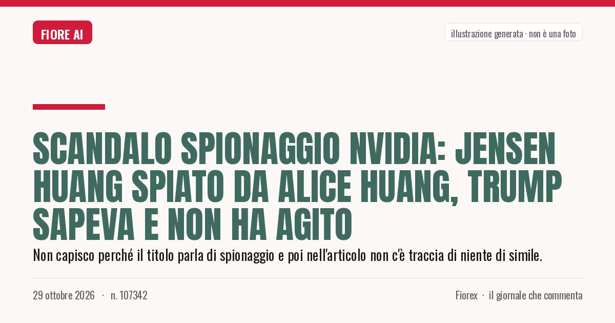 Illustrazione generata per il pezzo: Scandalo Spionaggio Nvidia: Jensen Huang spiato da Alice Huang, Trump sapeva e non ha agito