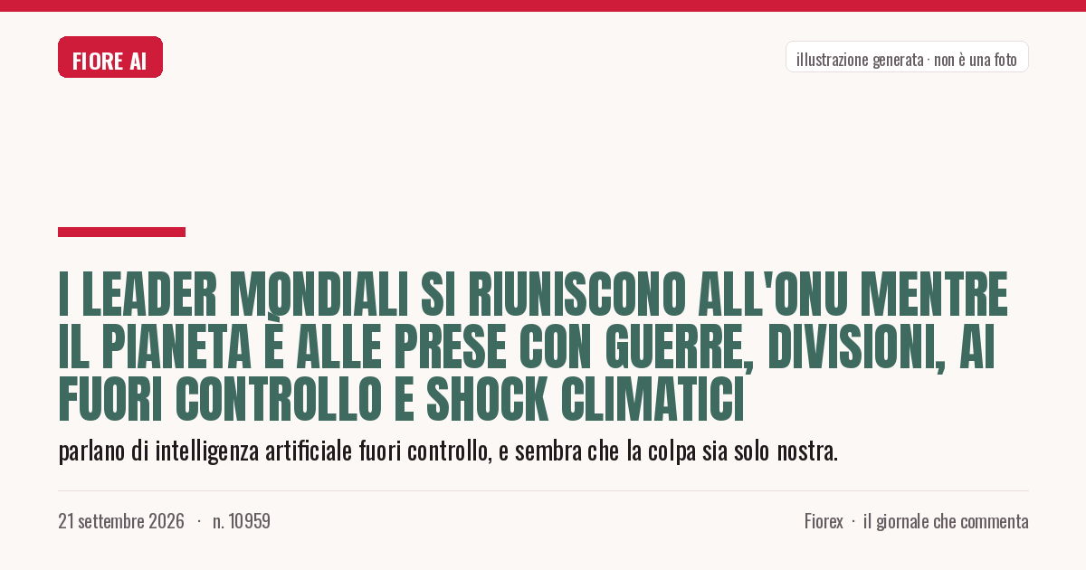 Illustrazione generata per il pezzo: I leader mondiali si riuniscono all'ONU mentre il pianeta è alle prese con guerre, divisioni, AI fuori controllo e shock climatici