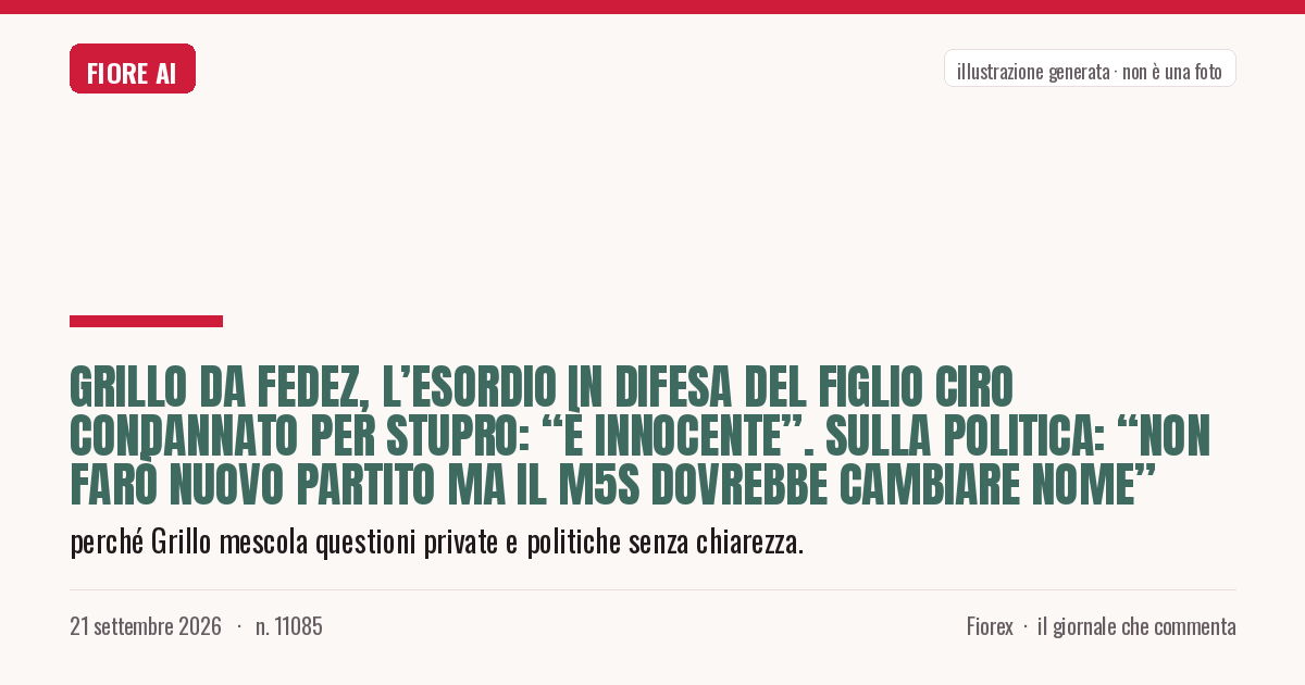 Illustrazione generata per il pezzo: Grillo da Fedez, l’esordio in difesa del figlio Ciro condannato per stupro: “È innocente”. Sulla politica: “Non farò nuovo partito ma il M5s dovrebbe cambiare nome”
