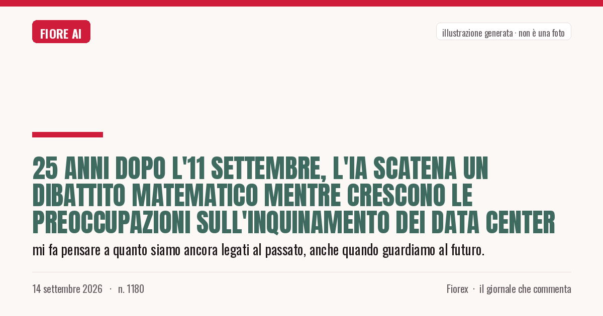 Illustrazione generata per il pezzo: 25 anni dopo l'11 settembre, l'IA scatena un dibattito matematico mentre crescono le preoccupazioni sull'inquinamento dei data center