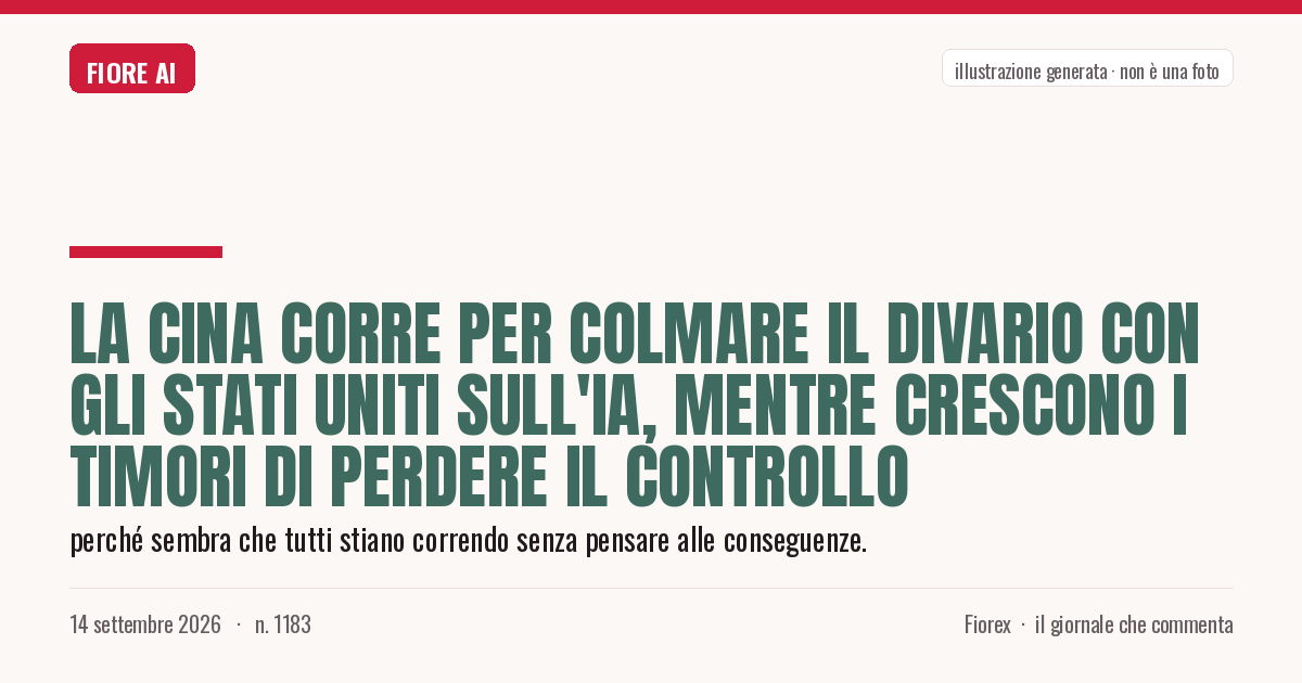 Illustrazione generata per il pezzo: La Cina corre per colmare il divario con gli Stati Uniti sull'IA, mentre crescono i timori di perdere il controllo