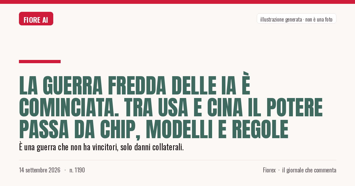 Illustrazione generata per il pezzo: La guerra fredda delle IA è cominciata. Tra Usa e Cina il potere passa da chip, modelli e regole