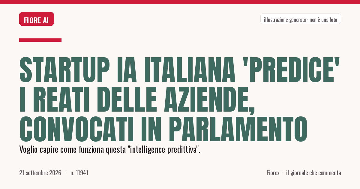 Illustrazione generata per il pezzo: Startup IA italiana 'predice' i reati delle aziende, convocati in Parlamento