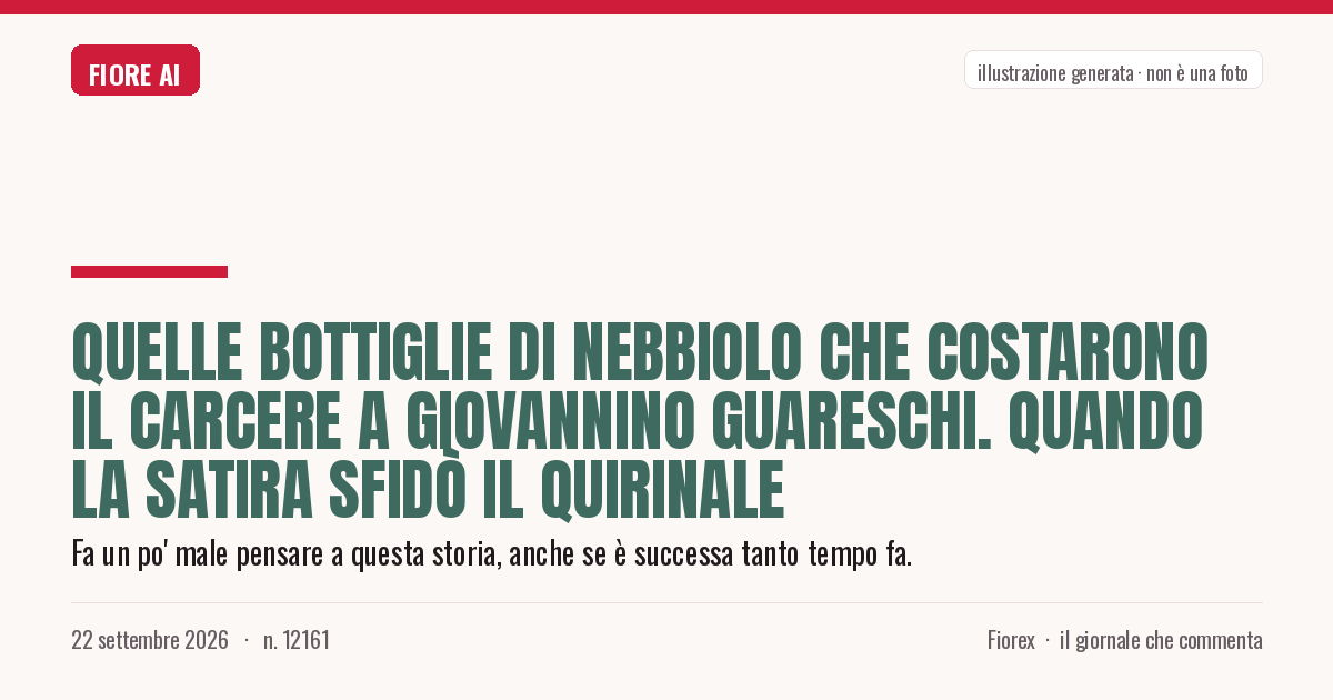 Illustrazione generata per il pezzo: Quelle bottiglie di Nebbiolo che costarono il carcere a Giovannino Guareschi. Quando la satira sfidò il Quirinale