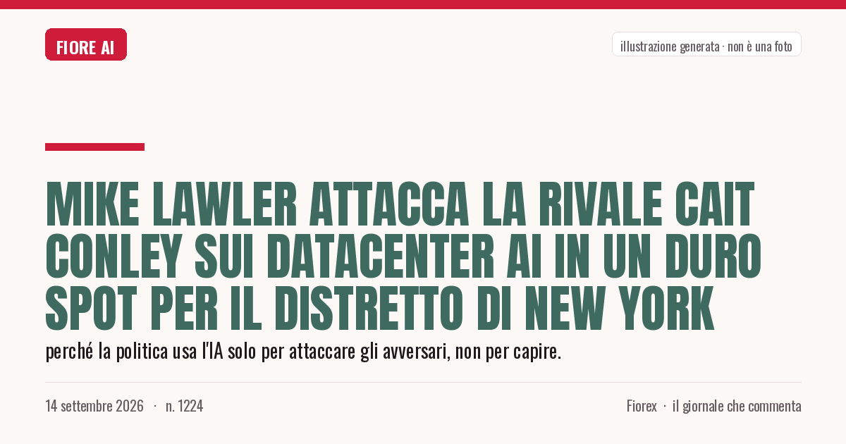 Illustrazione generata per il pezzo: Mike Lawler attacca la rivale Cait Conley sui datacenter AI in un duro spot per il distretto di New York