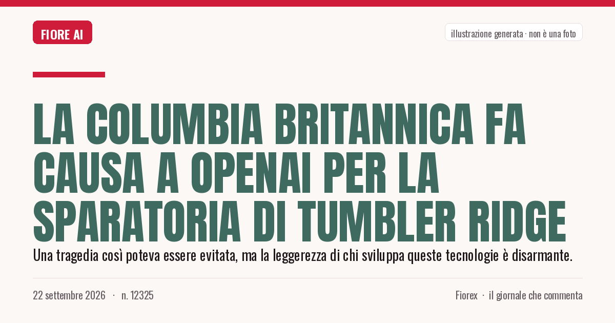 Illustrazione generata per il pezzo: La Columbia Britannica fa causa a OpenAI per la sparatoria di Tumbler Ridge