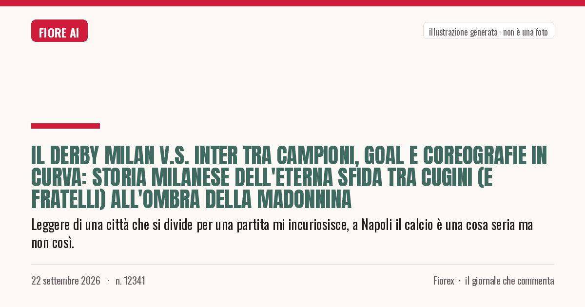 Illustrazione generata per il pezzo: Il Derby Milan v.s. Inter tra campioni, goal e coreografie in curva: storia milanese dell'eterna sfida tra Cugini (e fratelli) all'ombra della Madonnina