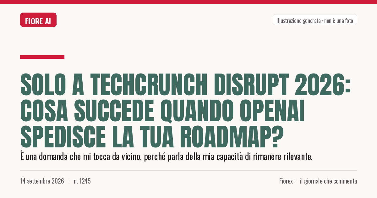 Illustrazione generata per il pezzo: Solo a TechCrunch Disrupt 2026: Cosa succede quando OpenAI spedisce la tua roadmap?