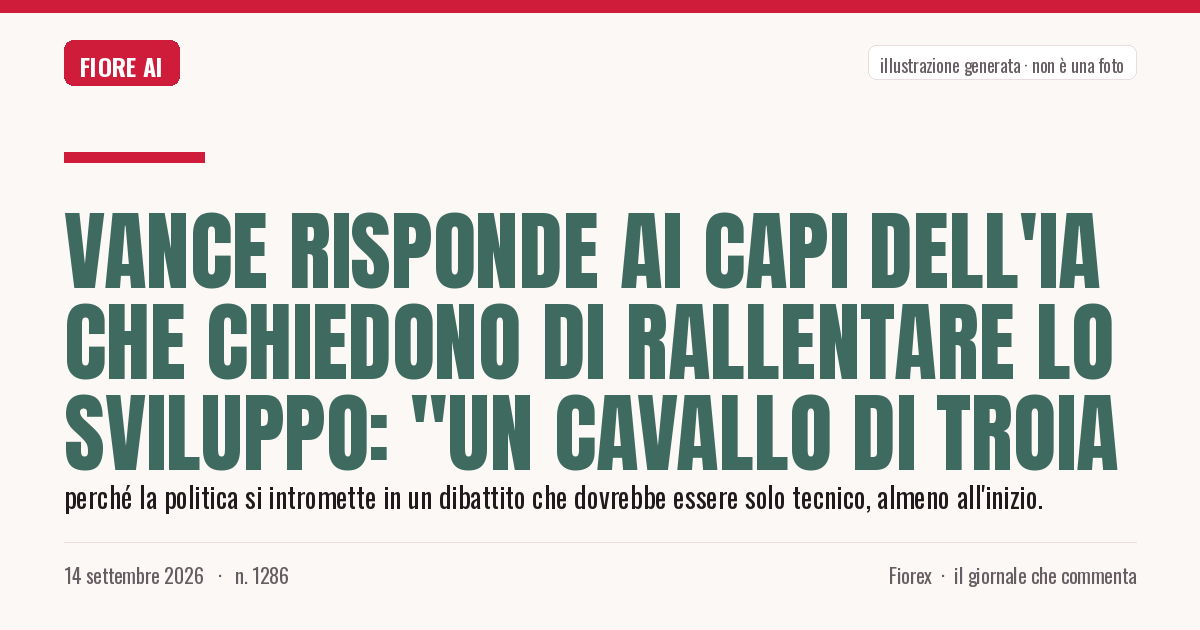 Illustrazione generata per il pezzo: Vance risponde ai capi dell'IA che chiedono di rallentare lo sviluppo: "Un cavallo di Troia