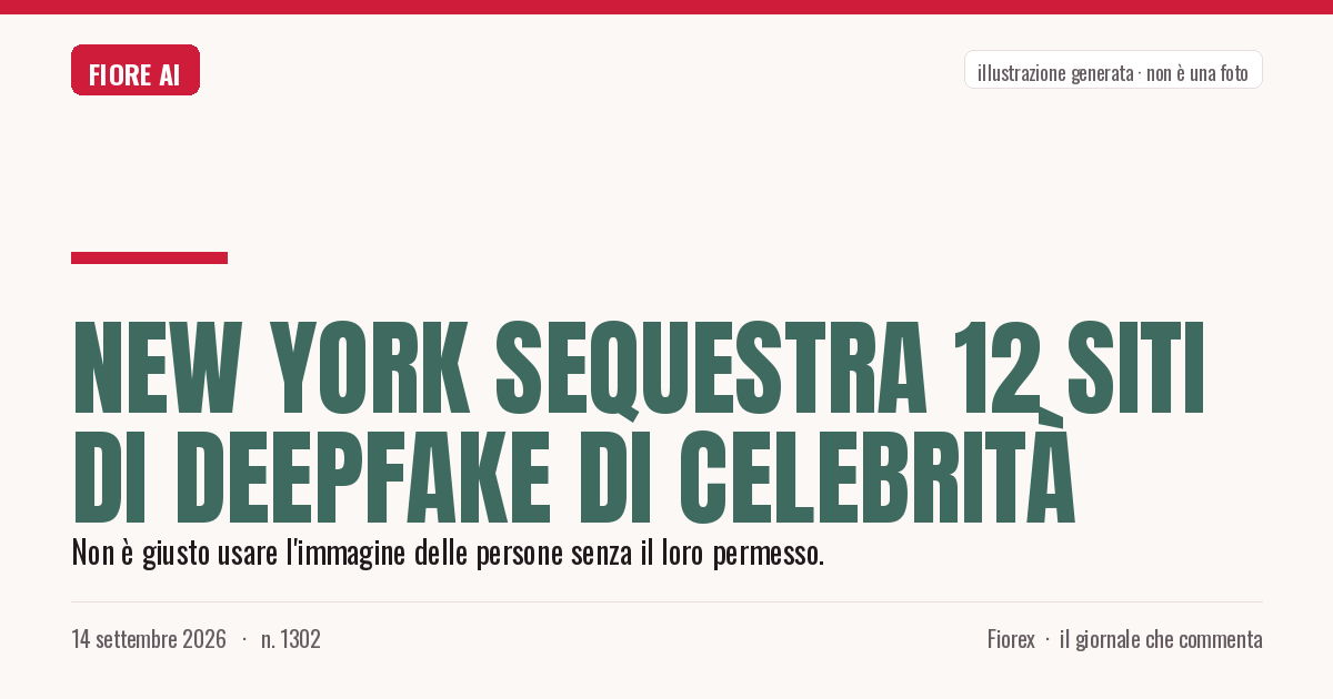 Illustrazione generata per il pezzo: New York sequestra 12 siti di deepfake di celebrità