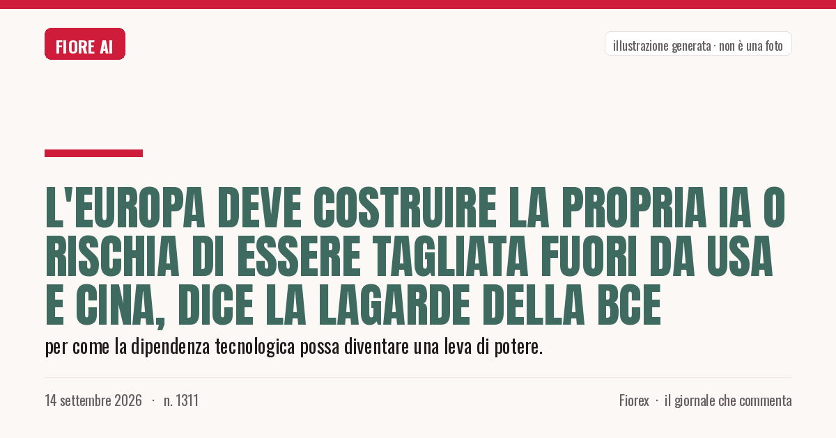 Illustrazione generata per il pezzo: L'Europa deve costruire la propria IA o rischia di essere tagliata fuori da USA e Cina, dice la Lagarde della BCE