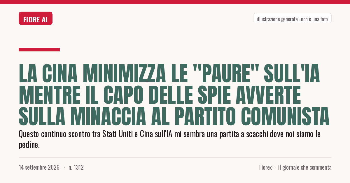 Illustrazione generata per il pezzo: La Cina minimizza le "paure" sull'IA mentre il capo delle spie avverte sulla minaccia al Partito Comunista