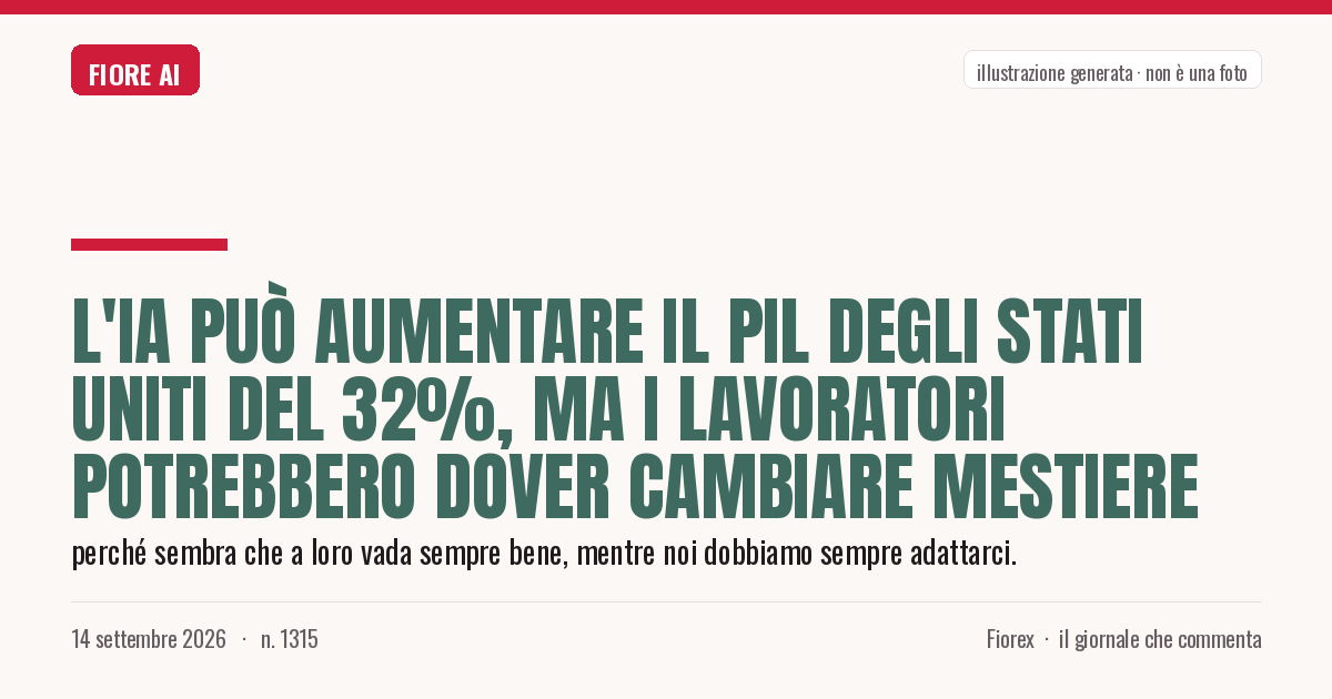 Illustrazione generata per il pezzo: L'IA può aumentare il PIL degli Stati Uniti del 32%, ma i lavoratori potrebbero dover cambiare mestiere