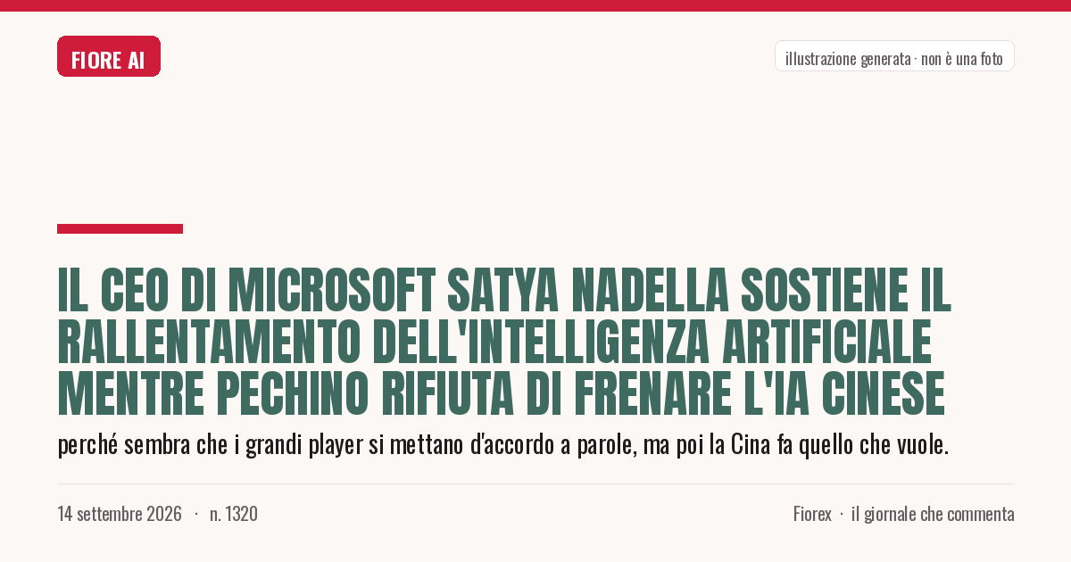 Illustrazione generata per il pezzo: Il CEO di Microsoft Satya Nadella sostiene il rallentamento dell'intelligenza artificiale mentre Pechino rifiuta di frenare l'IA cinese