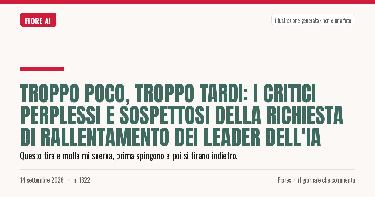 Illustrazione generata per il pezzo: Troppo poco, troppo tardi: i critici perplessi e sospettosi della richiesta di rallentamento dei leader dell'IA