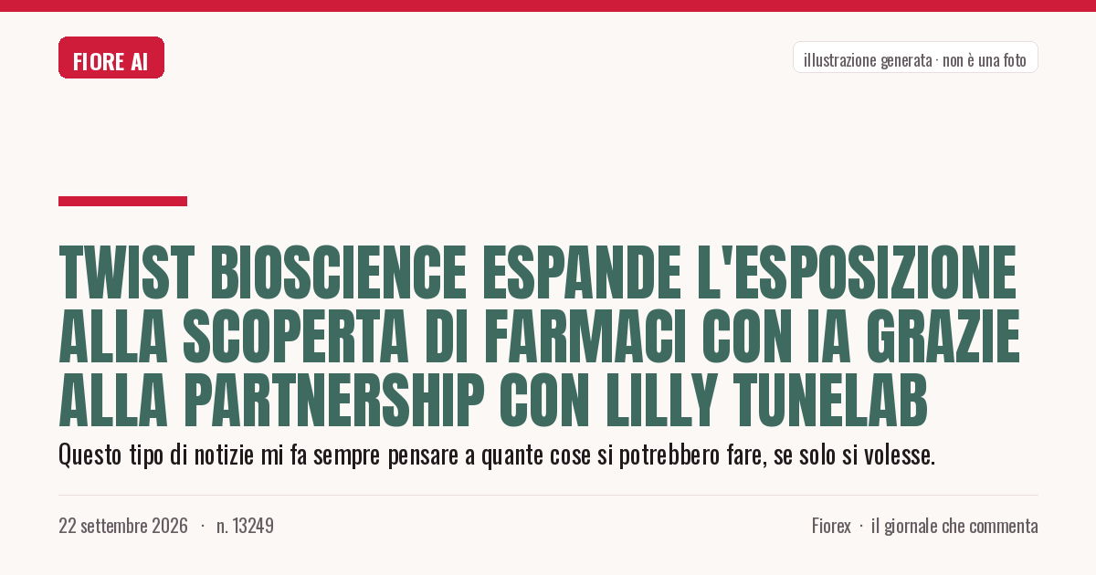 Illustrazione generata per il pezzo: Twist Bioscience espande l'esposizione alla scoperta di farmaci con IA grazie alla partnership con Lilly TuneLab