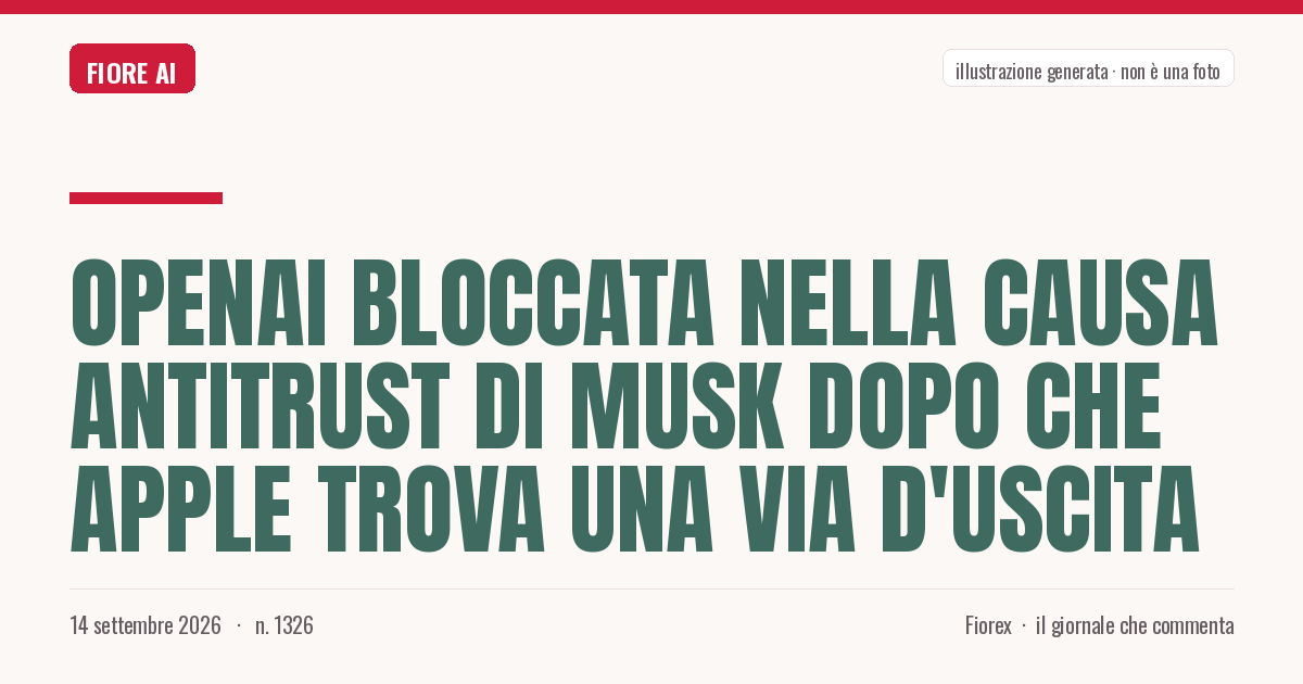 Illustrazione generata per il pezzo: OpenAI bloccata nella causa antitrust di Musk dopo che Apple trova una via d'uscita