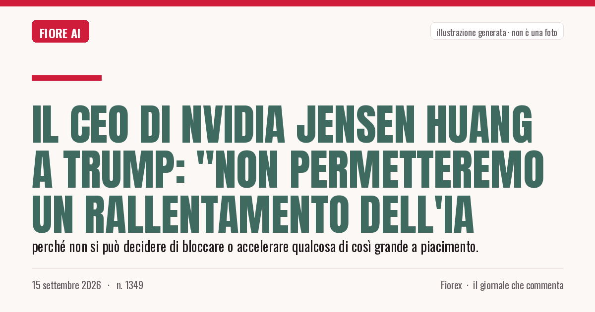 Illustrazione generata per il pezzo: Il CEO di Nvidia Jensen Huang a Trump: "Non permetteremo un rallentamento dell'IA