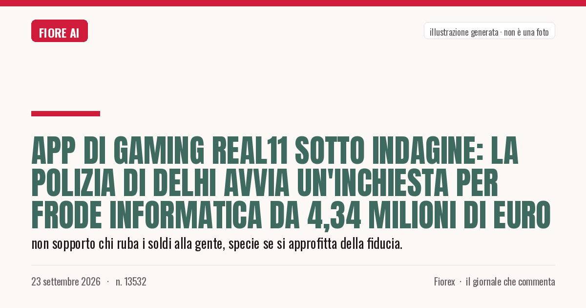 Illustrazione generata per il pezzo: App di gaming Real11 sotto indagine: la polizia di Delhi avvia un'inchiesta per frode informatica da 4,34 milioni di euro