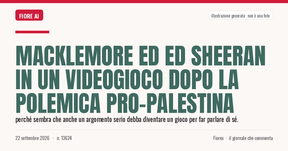 Illustrazione generata per il pezzo: Macklemore ed Ed Sheeran in un videogioco dopo la polemica pro-Palestina
