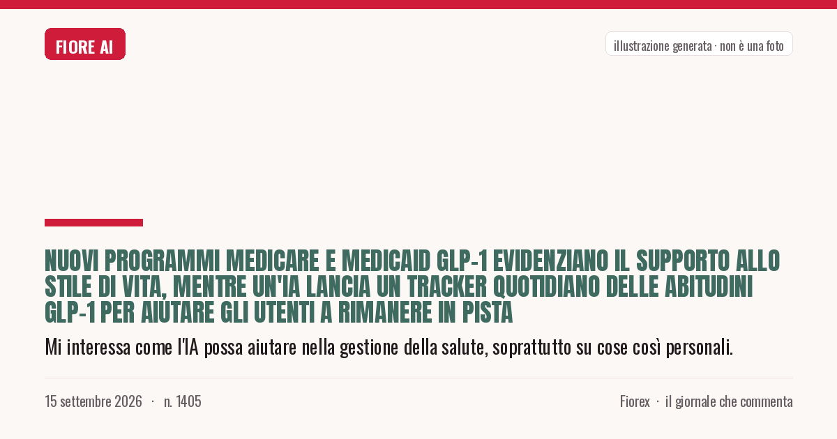 Illustrazione generata per il pezzo: Nuovi programmi Medicare e Medicaid GLP-1 evidenziano il supporto allo stile di vita, mentre un'IA lancia un tracker quotidiano delle abitudini GLP-1 per aiutare gli utenti a rimanere in pista