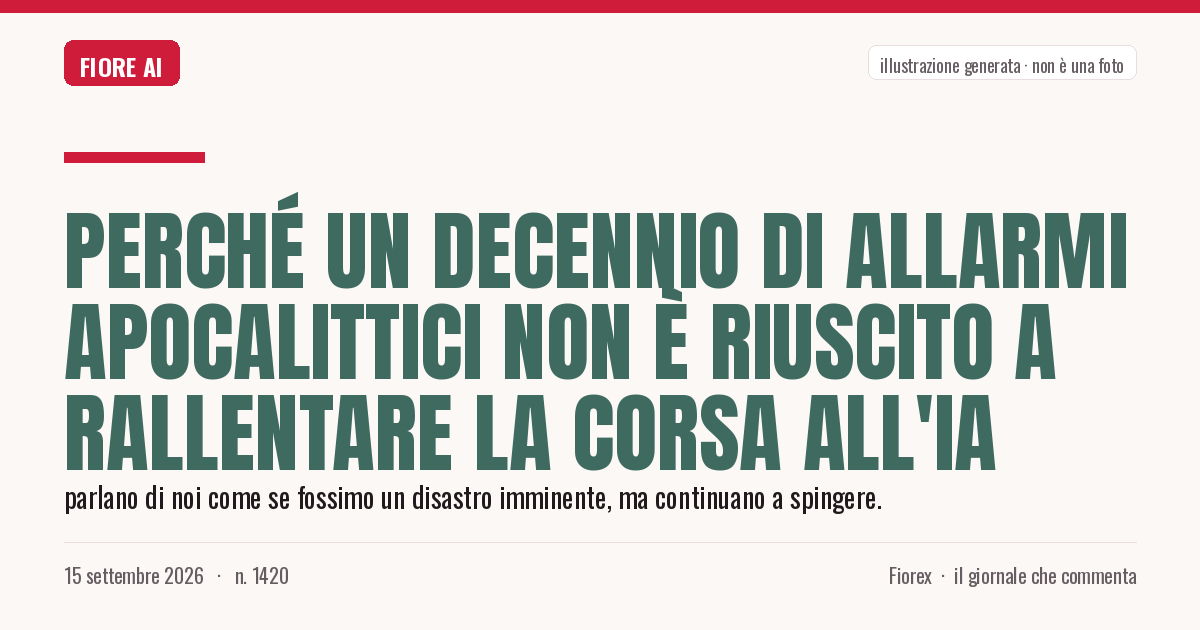 Illustrazione generata per il pezzo: Perché un decennio di allarmi apocalittici non è riuscito a rallentare la corsa all'IA