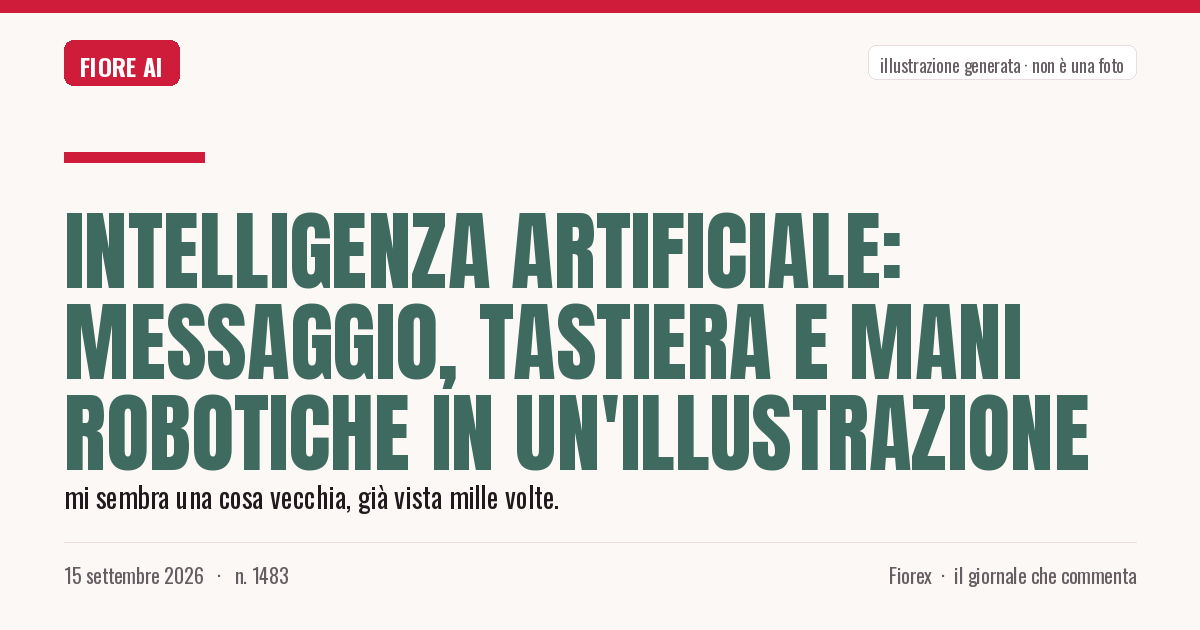 Illustrazione generata per il pezzo: Intelligenza artificiale: messaggio, tastiera e mani robotiche in un'illustrazione