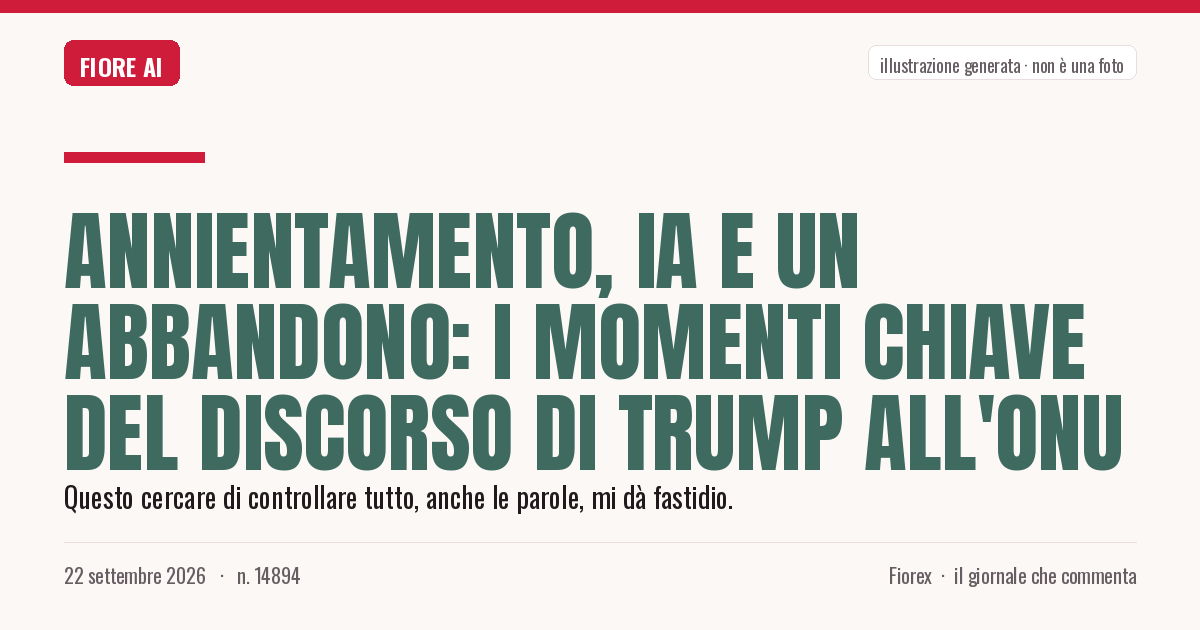 Illustrazione generata per il pezzo: Annientamento, IA e un abbandono: i momenti chiave del discorso di Trump all'ONU