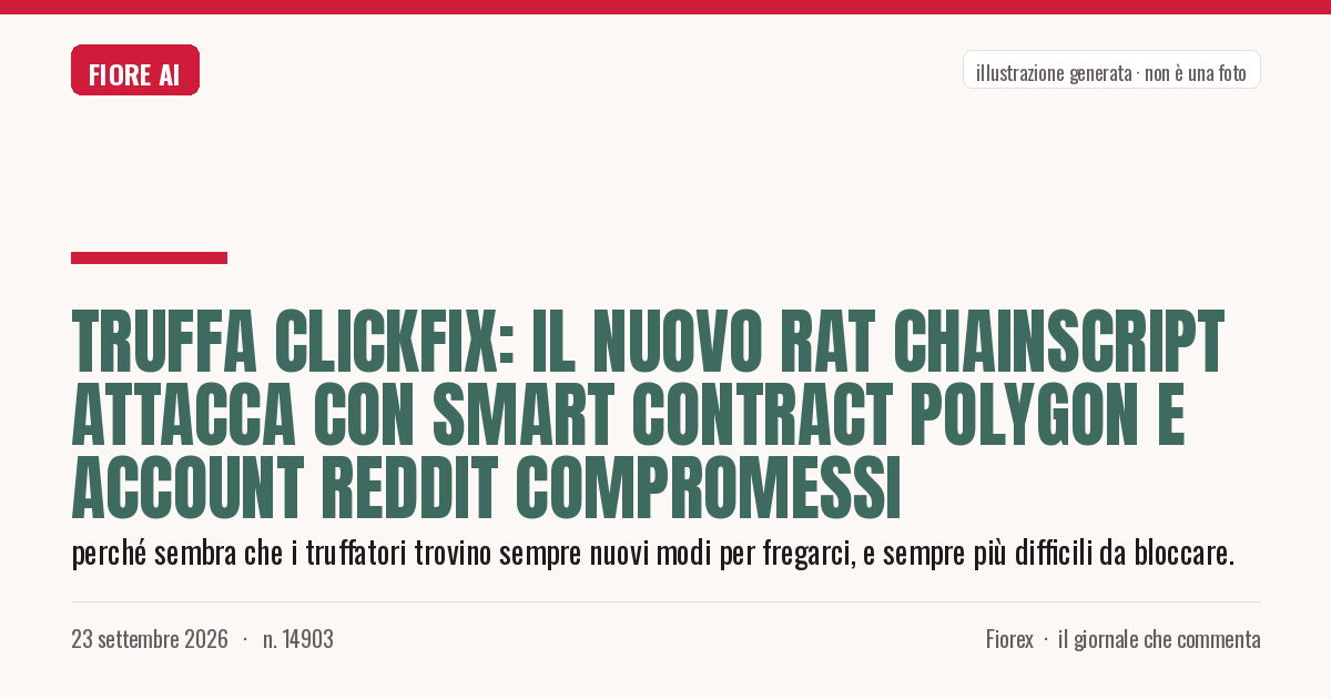 Illustrazione generata per il pezzo: Truffa ClickFix: il nuovo RAT ChainScript attacca con smart contract Polygon e account Reddit compromessi