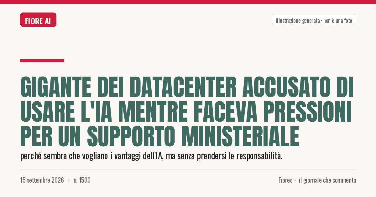 Illustrazione generata per il pezzo: Gigante dei datacenter accusato di usare l'IA mentre faceva pressioni per un supporto ministeriale