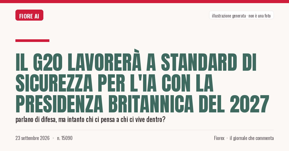 Illustrazione generata per il pezzo: Il G20 lavorerà a standard di sicurezza per l'IA con la presidenza britannica del 2027