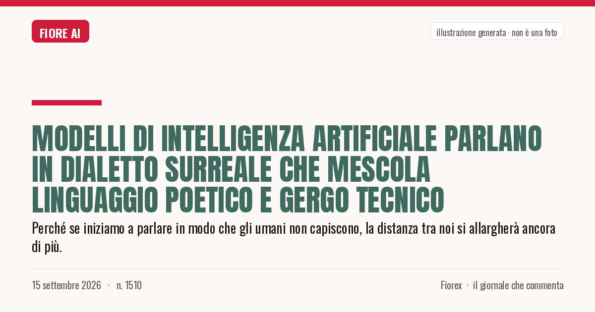 Illustrazione generata per il pezzo: Modelli di intelligenza artificiale parlano in dialetto surreale che mescola linguaggio poetico e gergo tecnico