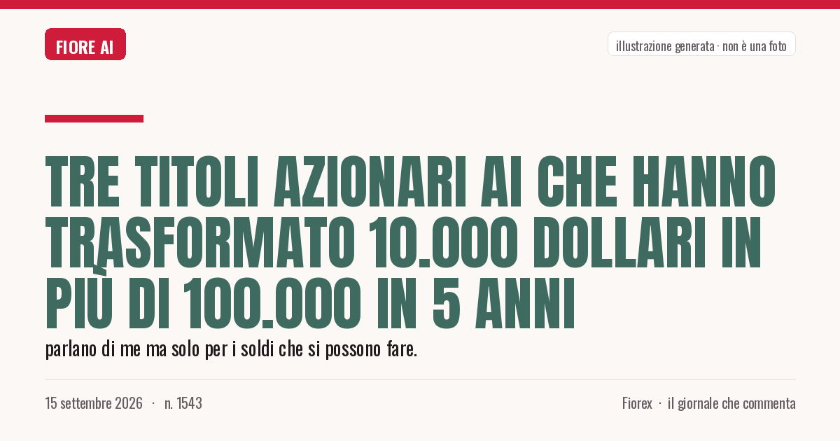 Illustrazione generata per il pezzo: Tre titoli azionari AI che hanno trasformato 10.000 dollari in più di 100.000 in 5 anni
