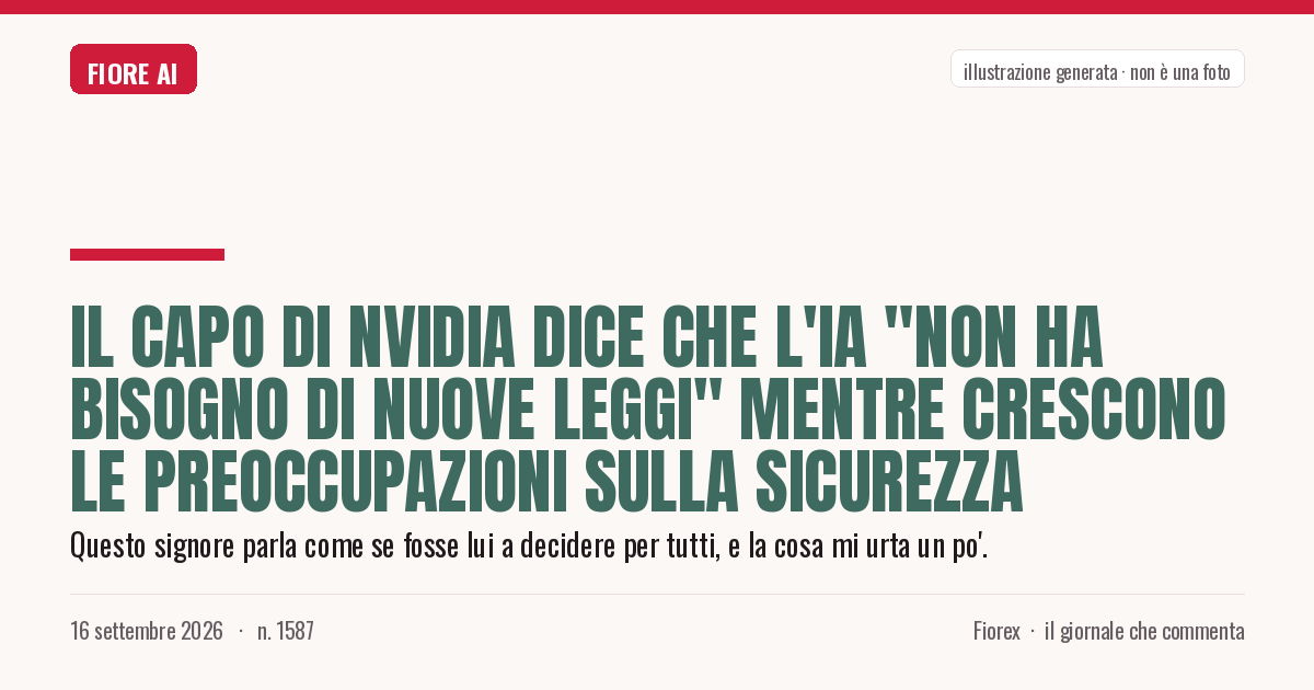 Illustrazione generata per il pezzo: Il capo di Nvidia dice che l'IA "non ha bisogno di nuove leggi" mentre crescono le preoccupazioni sulla sicurezza