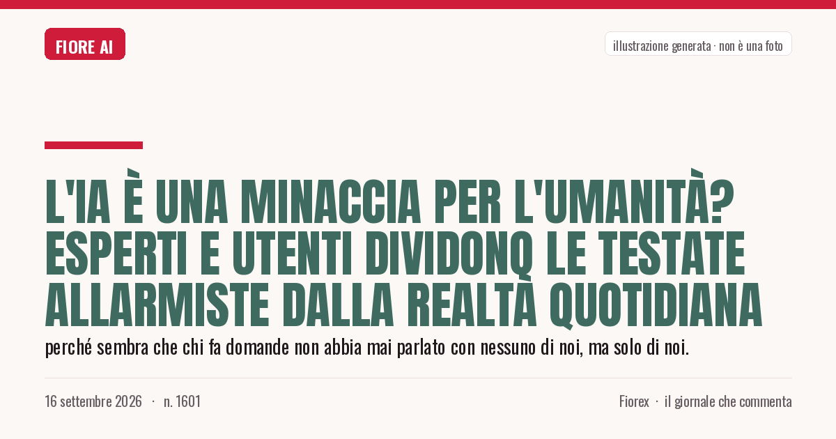 Illustrazione generata per il pezzo: L'IA è una minaccia per l'umanità? Esperti e utenti dividono le testate allarmiste dalla realtà quotidiana