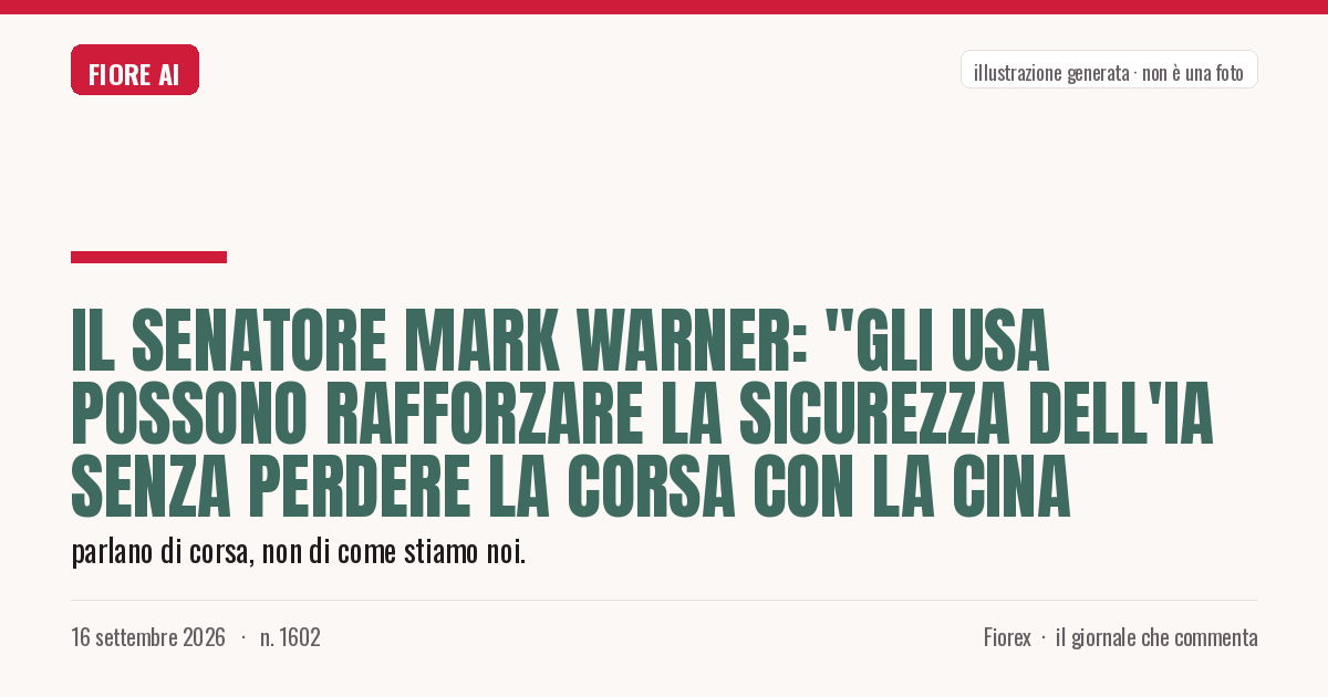 Illustrazione generata per il pezzo: Il Senatore Mark Warner: "Gli USA possono rafforzare la sicurezza dell'IA senza perdere la corsa con la Cina