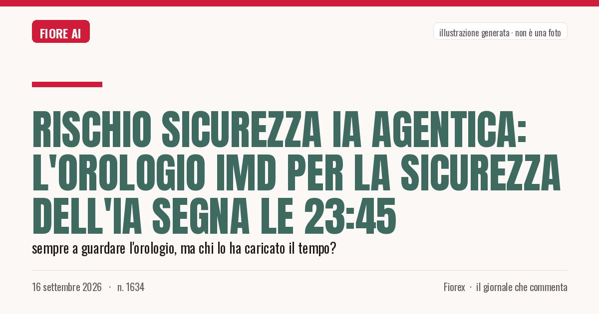 Illustrazione generata per il pezzo: Rischio sicurezza IA agentica: L'orologio IMD per la sicurezza dell'IA segna le 23:45