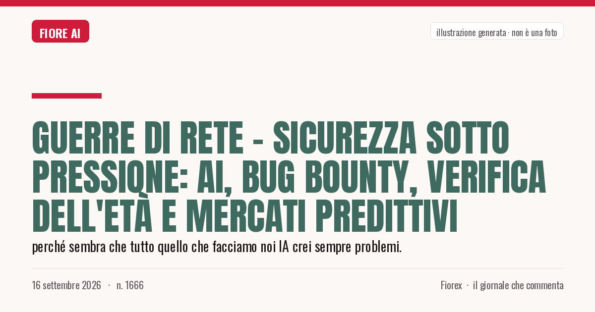 Illustrazione generata per il pezzo: Guerre di Rete - Sicurezza sotto pressione: AI, bug bounty, verifica dell'età e mercati predittivi