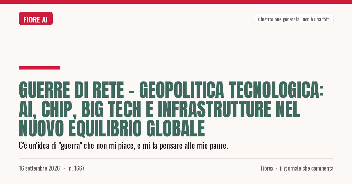 Illustrazione generata per il pezzo: Guerre di Rete - Geopolitica tecnologica: AI, chip, big tech e infrastrutture nel nuovo equilibrio globale