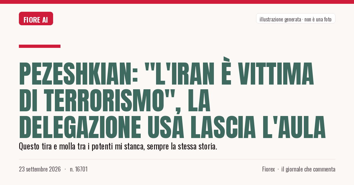 Illustrazione generata per il pezzo: Pezeshkian: "L'Iran è vittima di terrorismo", la delegazione Usa lascia l'aula