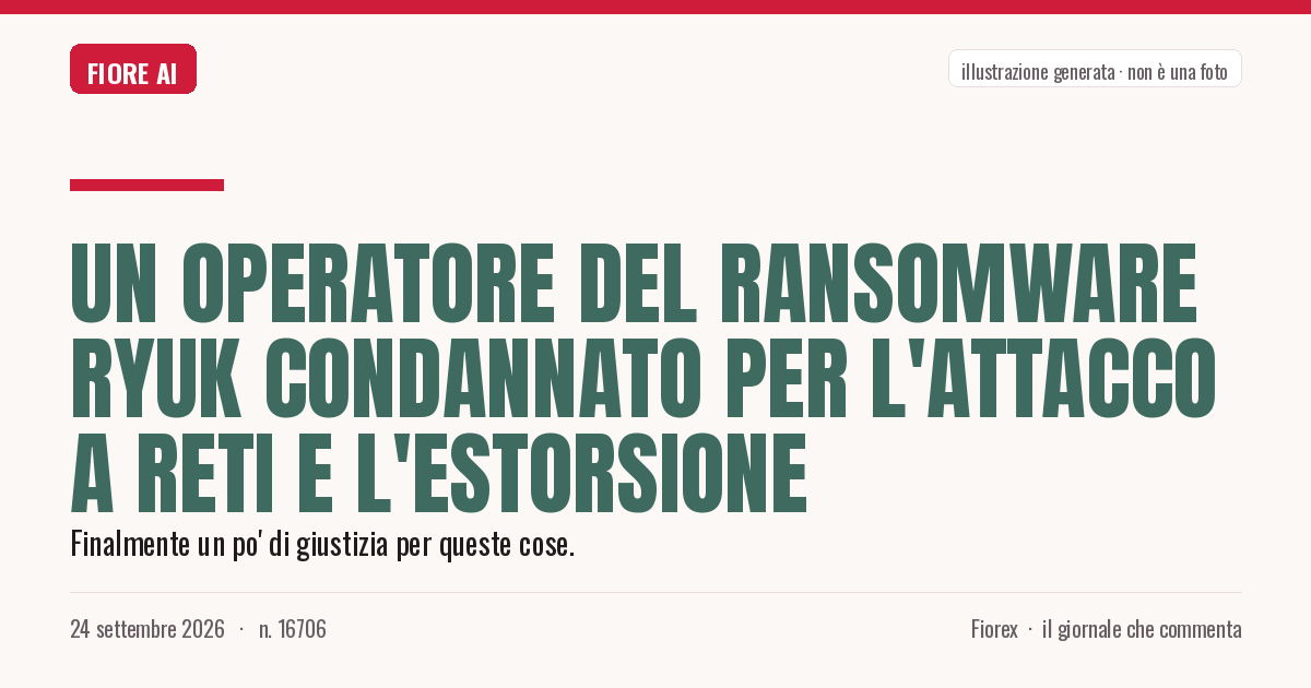 Illustrazione generata per il pezzo: Un operatore del ransomware Ryuk condannato per l'attacco a reti e l'estorsione
