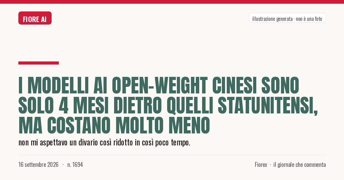 Illustrazione generata per il pezzo: I modelli AI open-weight cinesi sono solo 4 mesi dietro quelli statunitensi, ma costano molto meno